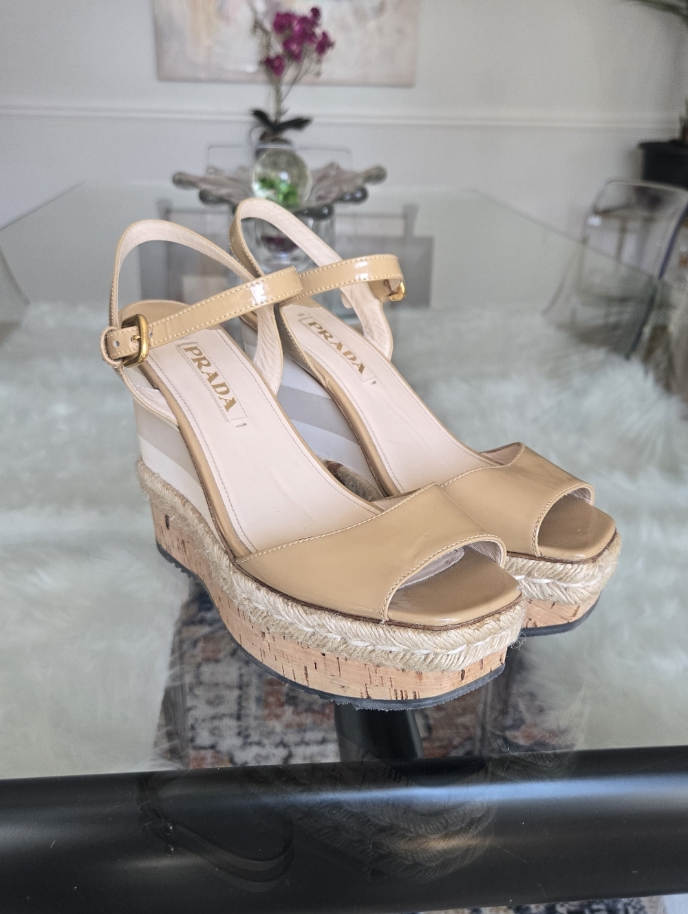 Prada Tan Beige Leather Espadrille Wedge Sandals Square Peep Toe Heels 40 - Picture 13 of 15